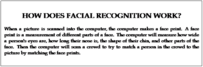 Text Box: HOW DOES FACIAL RECOGNITION WORK?
When a picture is scanned into the computer, the computer makes a face print.  A face print is a measurement of different parts of a face.  The computer will measure how wide a person's eyes are, how long their nose is, the shape of their chin, and other parts of the face.  Then the computer will scan a crowd to try to match a person in the crowd to the picture by matching the face prints.

