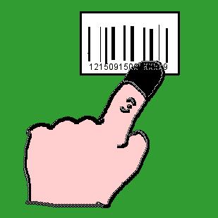 Drawing of person's hand with the bar code scanner cap on the index finger, scanning a bar code.