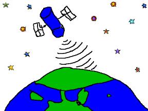 Drawing of satellite sending GPS signals to earth.